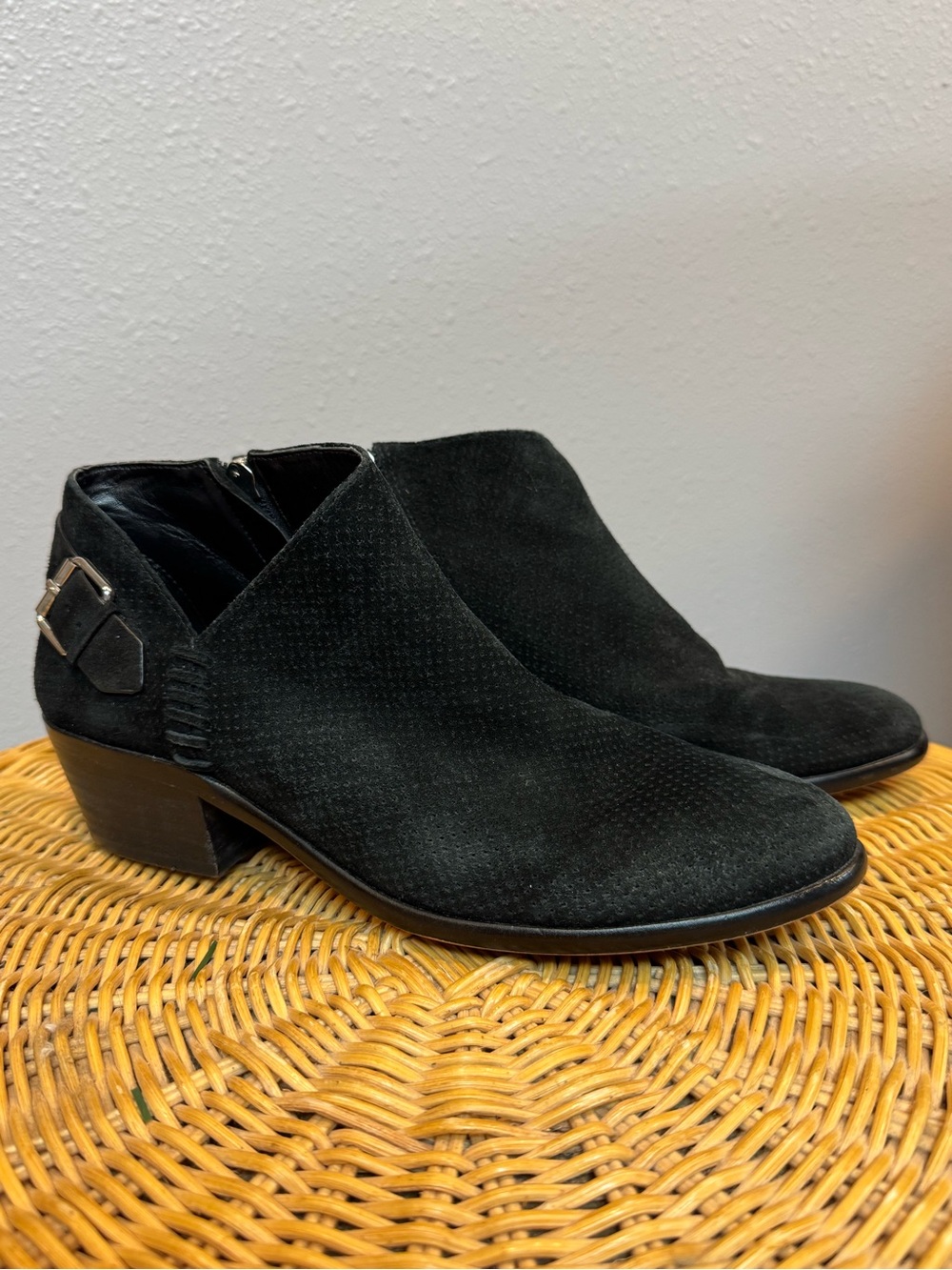 Vince Camino Black Suede Ankle Booties with Low Block Heel